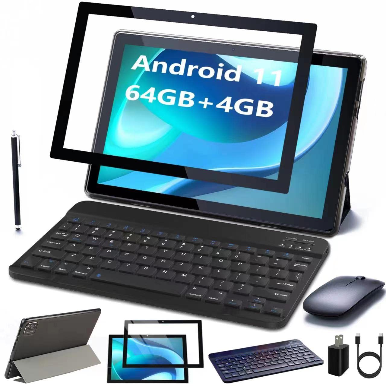 Atozee 10.1 Inch Tablet Pc With Keyboard Case, Mouse, Protective Film, Stylus, 64Gb Rom, 4Gb Ram, Android 11.0, Dual 8Mp Camera,
