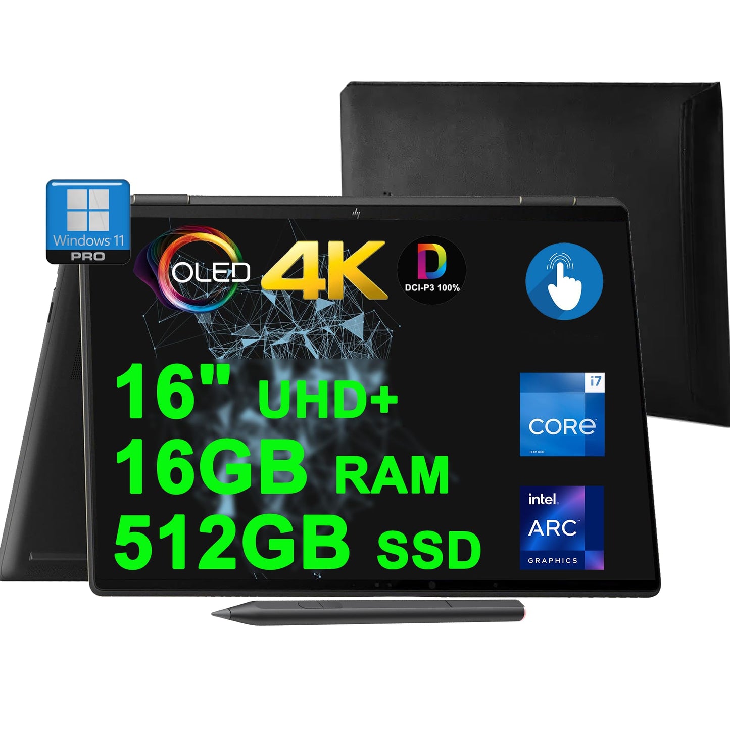 Hp Spectre X360 Business 2-In-1 Laptop 16'' 4K Oled Touch 500Nits Intel 12-Core I7-1360P 16Gb Ram 512Gb Ssd Intel Arc A370M Back