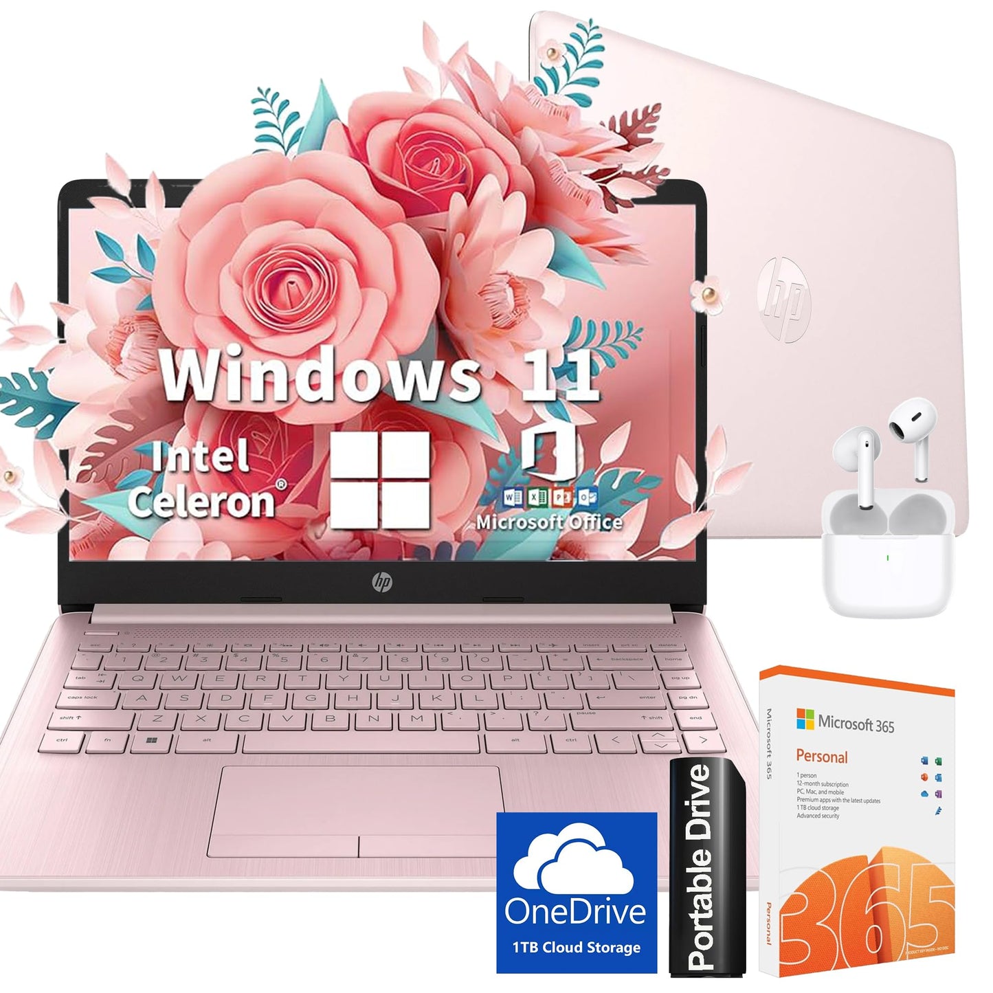 Hp Ultralight 14 Inch Laptop With Intel 4 Core Processor With Microsoft 365 And Wireless Earbuds 8Gb Ram 128Gb External & 64Gb O