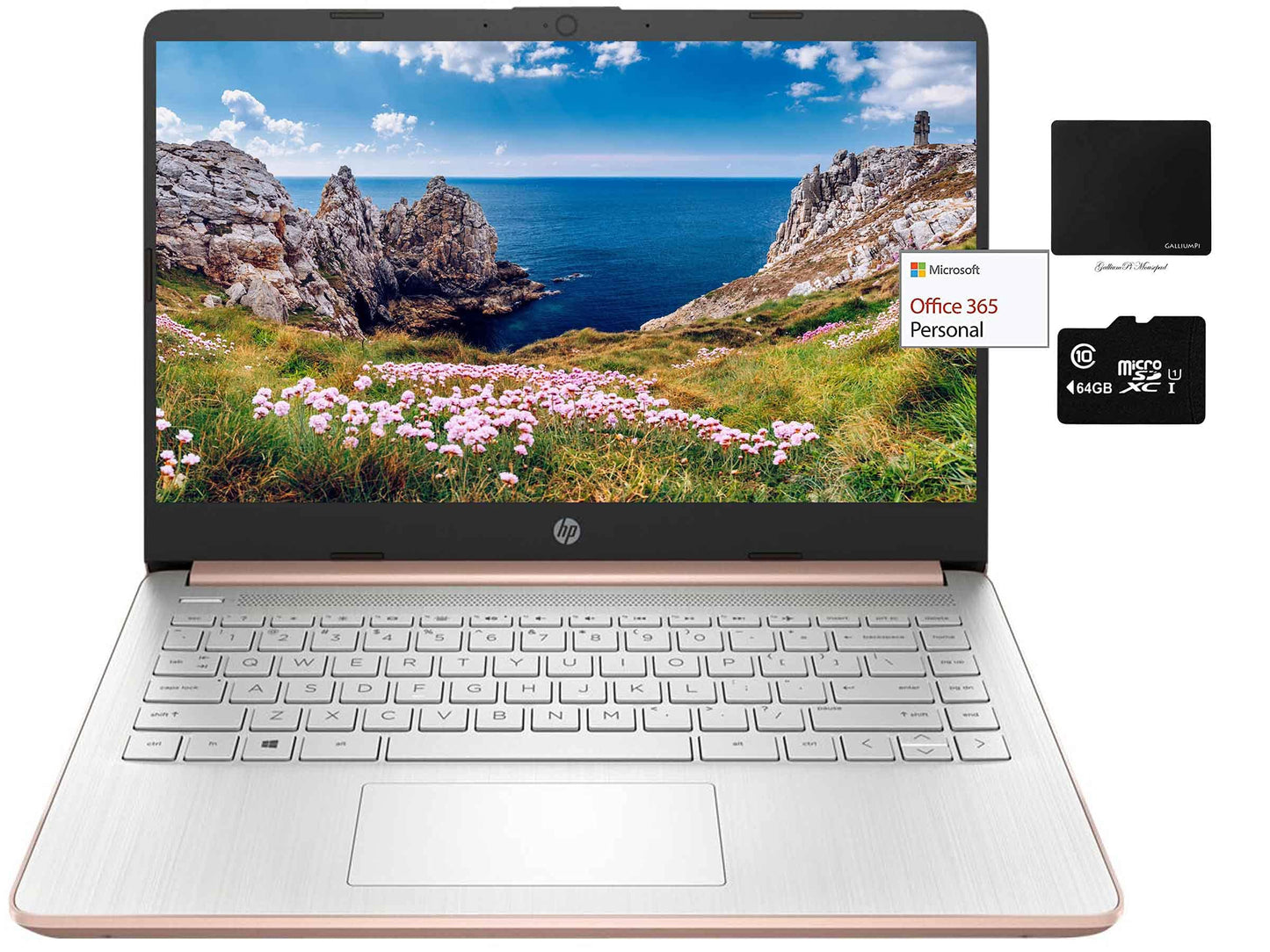 HP 14in Thin Light Laptop, Intel 2 Core N4020, 8GB RAM, 128GB Storage(64GB eMMC+ Micro SD),1Yr Office, Win 10 Bundle with GaPi Mousepad (Rose Gold)