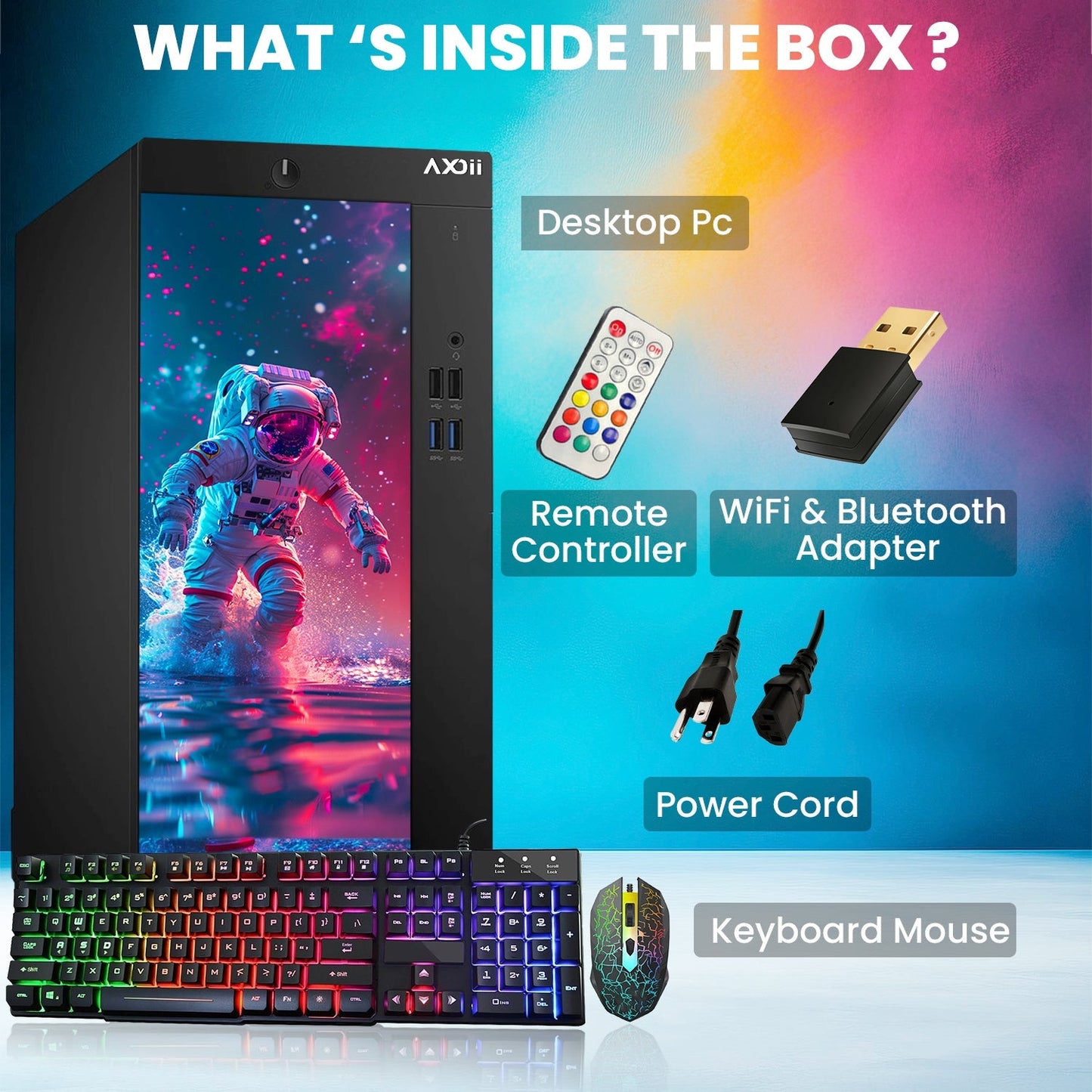 AXOII SPACEMAN RGB Gaming Desktop Computer PC, Intel Core I5/I7 Processor, Graphics Card - RX 550 / GTX 1050 / GTX 1650 / RTX 3050, 32GB DDR4 RAM, 1TB NVMe SSD, Wi-Fi, Bluetooth - Windows11 Pro