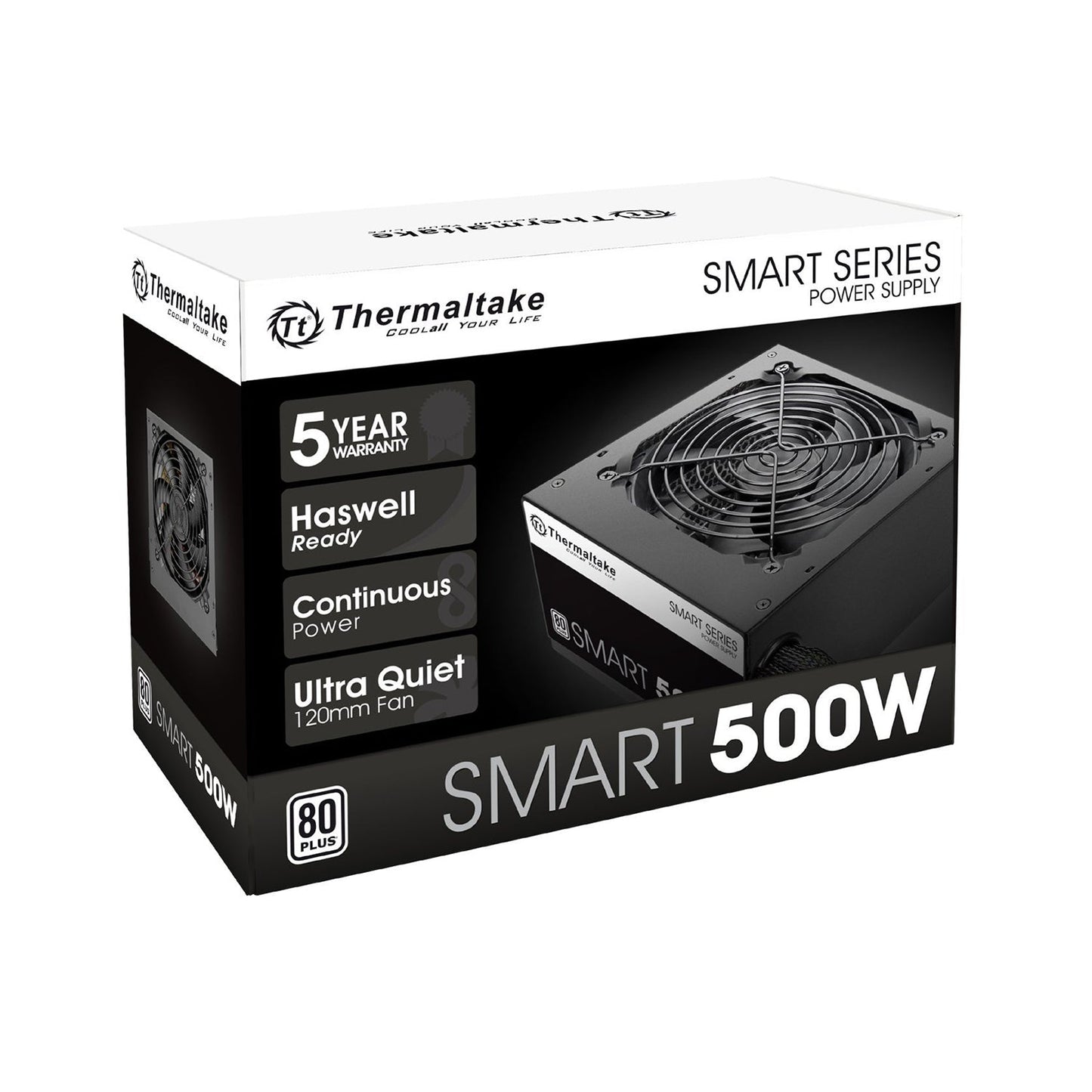 Thermaltake Smart Series 500W Power Supply SLI, ATX Form Factor, CrossFire Ready Continuous Power,120mm Ultra Quiet Cooling Fan, ATX 12V V2.3 | EPS 12V 80 PLUS Certified Active PFC  Haswell Ready (PS-SPD-0500NPCWUS-W)