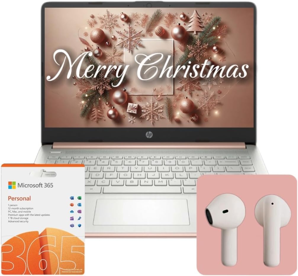 Hp 14 Flagship Laptop | Christmas Limited Edition With Microsoft 365 | Bluetooth Earphones | Rose Gold | 4-Core Intel Cpu | 16Gb