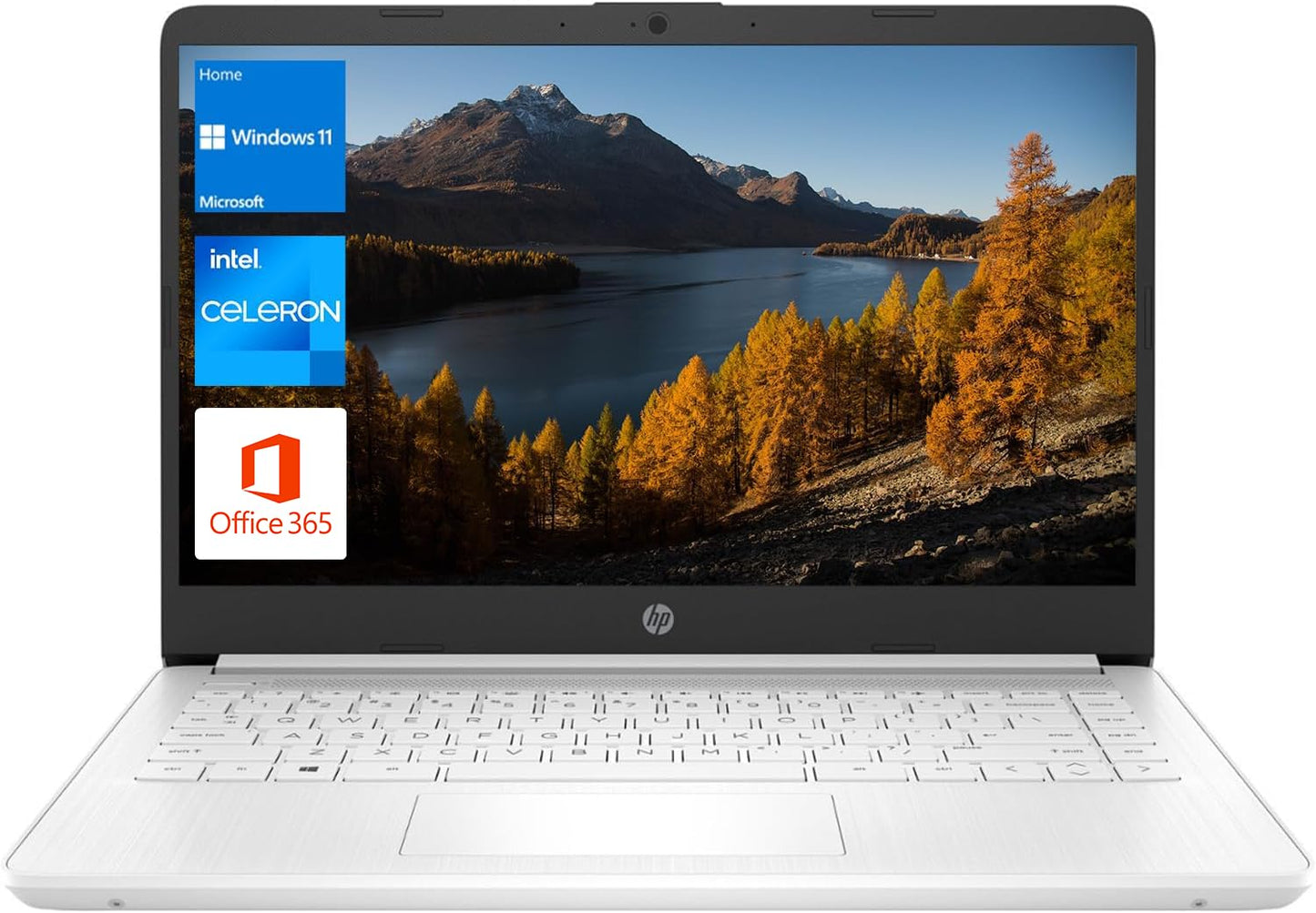 HP Portable Laptop, Student and Business, 14' HD Display, Intel Quad Core N4120, 4GB DDR4 RAM, 64GB eMMC, 1 Year Office 365, Webcam, SD Card Reader, HDMI, Wi Fi, Windows 11 Home, White, KKE Mousepad
