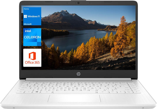 HP Portable Laptop, Student and Business, 14' HD Display, Intel Quad Core N4120, 16GB DDR4 RAM, 64GB eMMC, 1 Year Office 365, Webcam, SD Card Reader, HDMI, Wi Fi, Windows 11 Home, White, KKE Mousepad