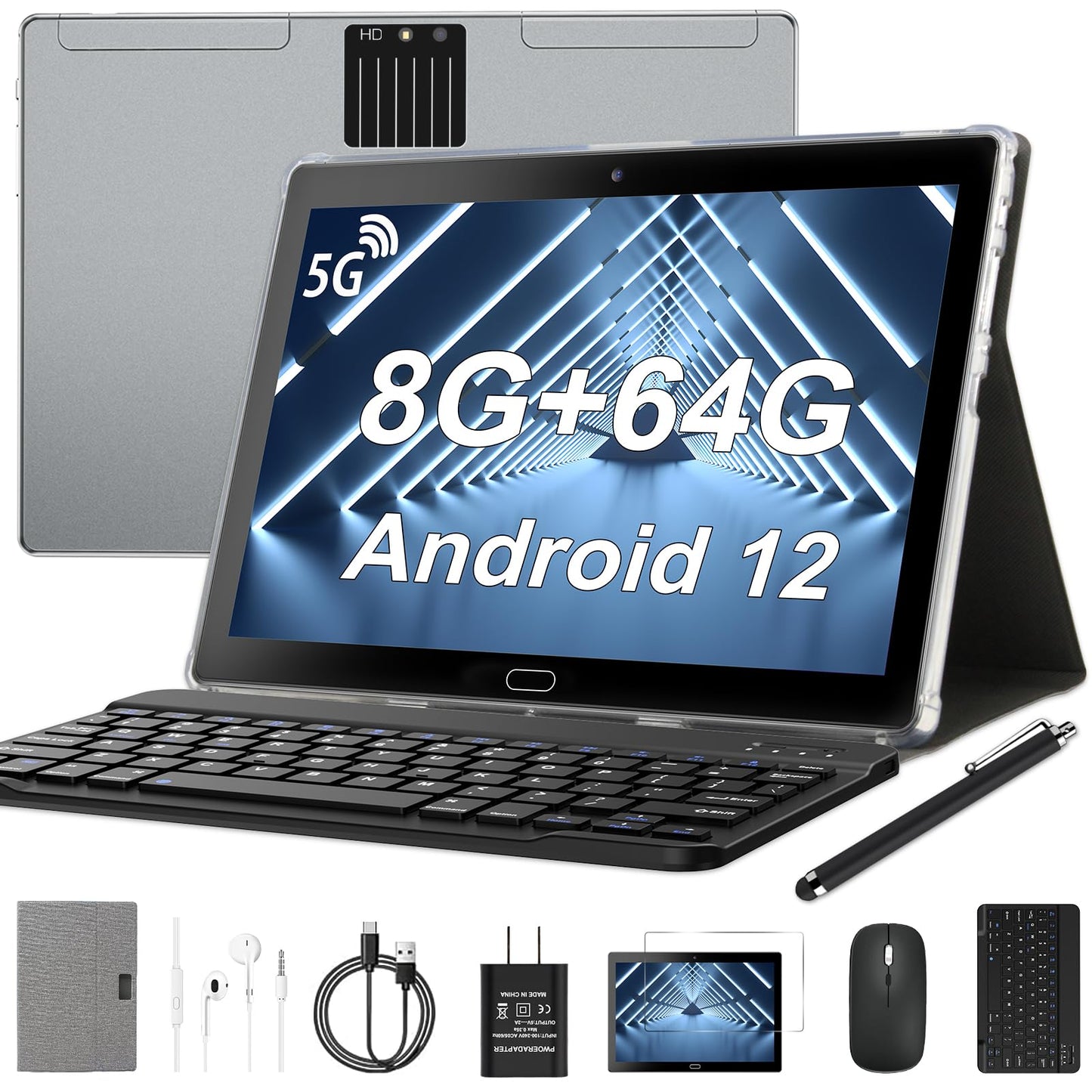 Tablets 10.1 Inch Android 12 Tablet, 8+64Gb+1Tb, Dual Camera, Ips Fhd Display, 2.4G/5G Dual Band Wifi, Bluetooth, 6000Mah Batter