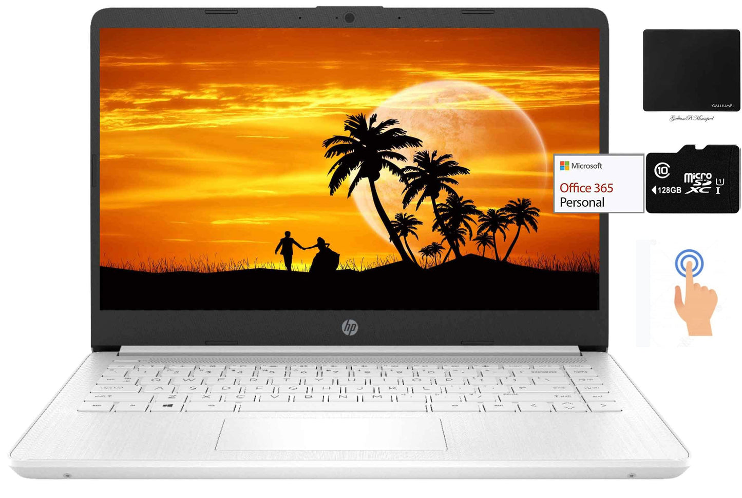HP 14' Touchscreen Laptop, Intel Dual Core N4020, 16GB DDR4 RAM, 192GB Storage(64GB eMMC+128GB Micro SD), Webcam, 1Yr Office, Bundle with GalliumPi Mousepad (White)