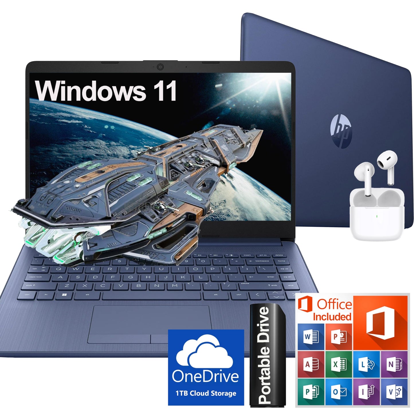 Hp Ultralight 14 Inch Laptop With Intel 4 Core Processor With Microsoft 365 And Wireless Earbuds 16Gb Ram 512Gb External & 64Gb