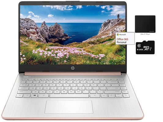 HP 14' Thin Light Laptop, Intel 2 Core N4020, 16GB RAM, 192GB Storage(64GB eMMC+128GB Micro SD), 1Yr Office, Win 11 Bundle w/GaPi Mousepad (Rose Gold)