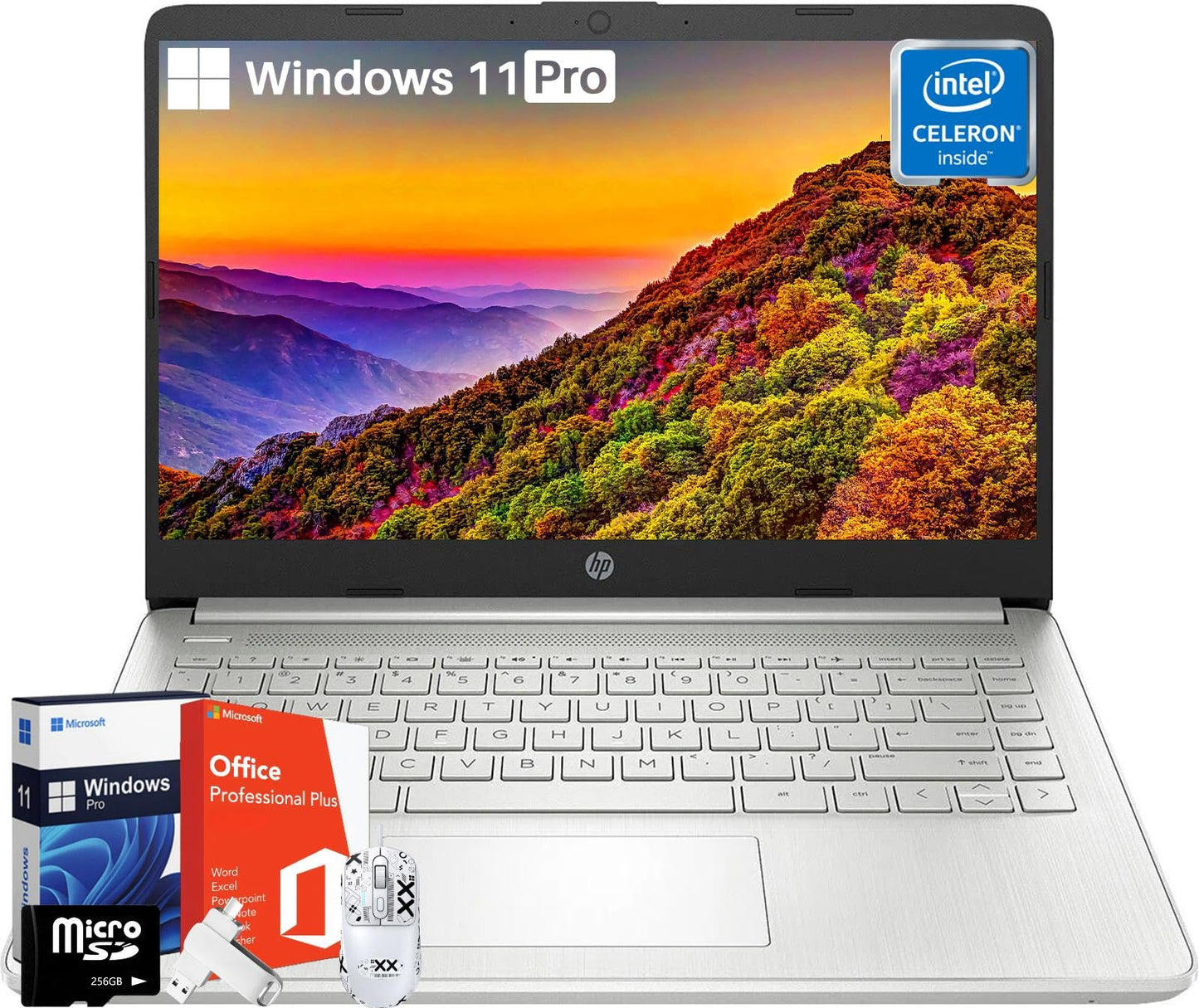 Hp 14 Inch Laptop Computer - Windows 11 Pro, Intel Quad-Core Cpu, 16 Gb Ram, 416 Gb Storage(128 Gb Emmc+256 Gb Sd Card + 32 Gb U