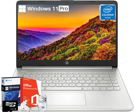 Hp 14 Inch Laptop Computer - Windows 11 Pro, Intel Quad-Core Cpu, 16 Gb Ram, 416 Gb Storage(128 Gb Emmc+256 Gb Sd Card + 32 Gb U