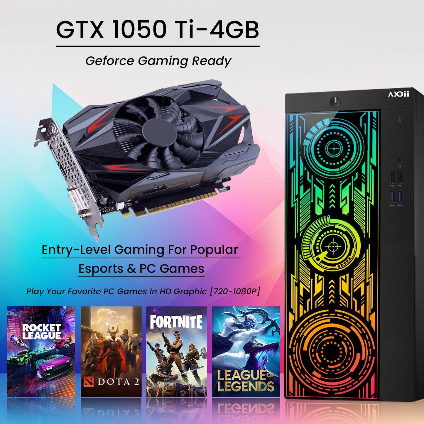 AXOII ELECTRA RGB Gaming Desktop Computer PC, Intel Core - I5/I7 Processor, Graphics Card - RX 550 / GTX 1050 / GTX 1650 / RTX 3050, 32GB DDR4 RAM, 1TB NVMe SSD, Wi-Fi, Bluetooth - Windows 11 Pro