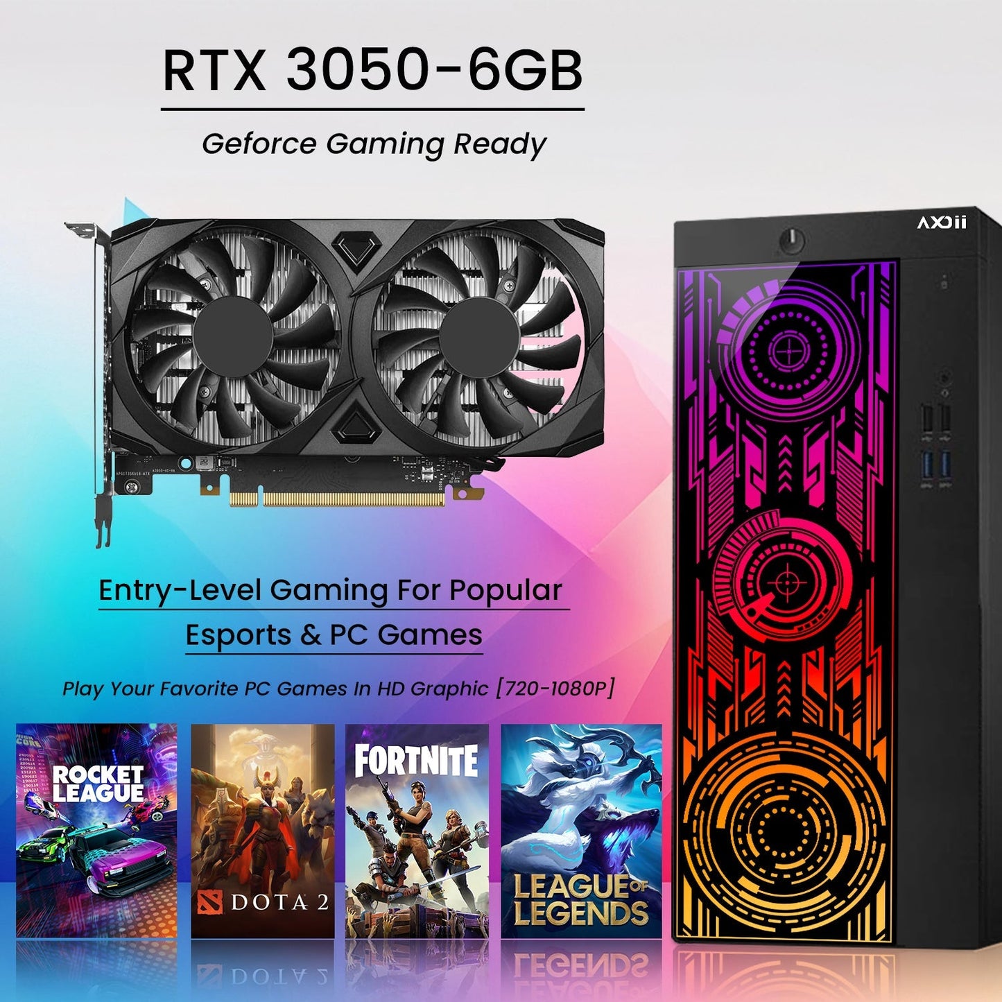 AXOII ELECTRA RGB Gaming Desktop Computer PC, Intel Core - I5/I7 Processor, Graphics Card - RX 550 / GTX 1050 / GTX 1650 / RTX 3050, 32GB DDR4 RAM, 1TB NVMe SSD, Wi-Fi, Bluetooth - Windows 11 Pro