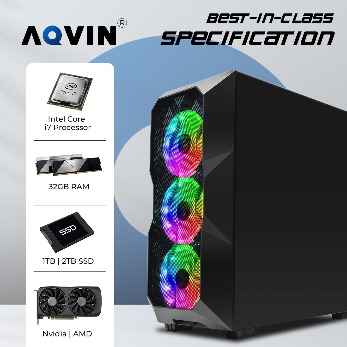 AQVIN AQB70 Gaming Desktop Computer PC Tower - Black (Intel Core i7 Processor up to 4.60 GHz/ 32GB DDR4 RAM/ 1TB - 2TB SSD/ GeForce RTX 3050, 3060, 5060 Graphics Card/ Windows 11 Pro) WiFi Ready