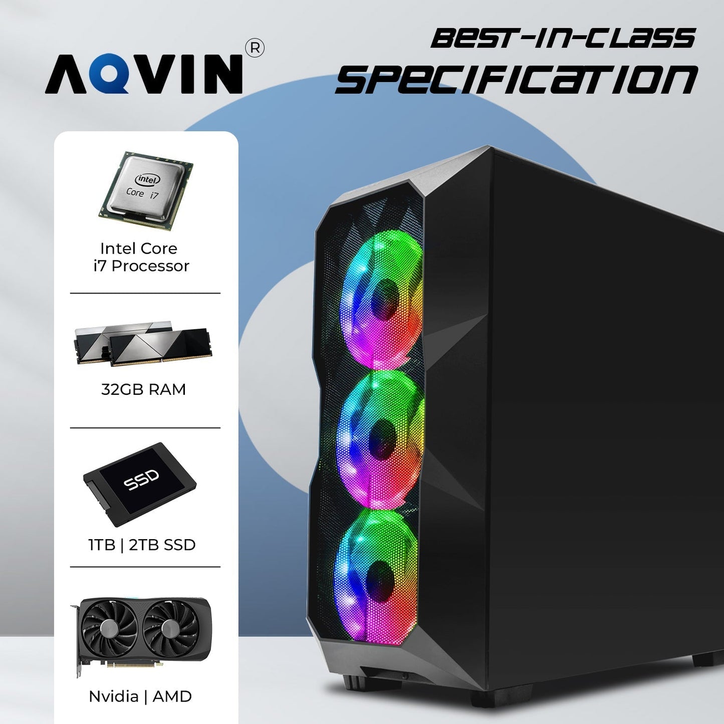 AQVIN Gaming PC Tower Desktop Computer Combo, Intel Core i7 up to 4.60 GHz, 32GB DDR4 RAM, 1TB - 2TB SSD, RX 580, GTX 1660s, RTX 3050, RTX 3060, Windows 11 Pro, WIFI - 27 inch Curved Gaming Monitor