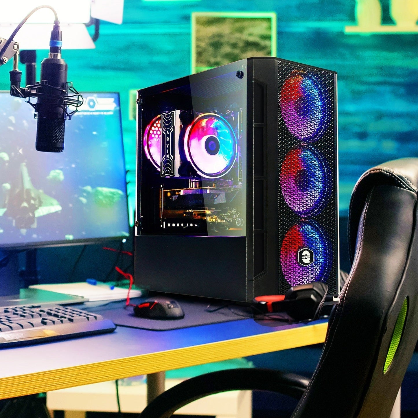 AQVIN Gaming PC Tower Desktop Computer Combo, Intel Core i7 up to 4.60 GHz, 32GB DDR4 RAM, 1TB - 2TB SSD, RX 580, GTX 1660s, RTX 3050, RTX 3060, Windows 11 Pro, WIFI - 27 inch Curved Gaming Monitor