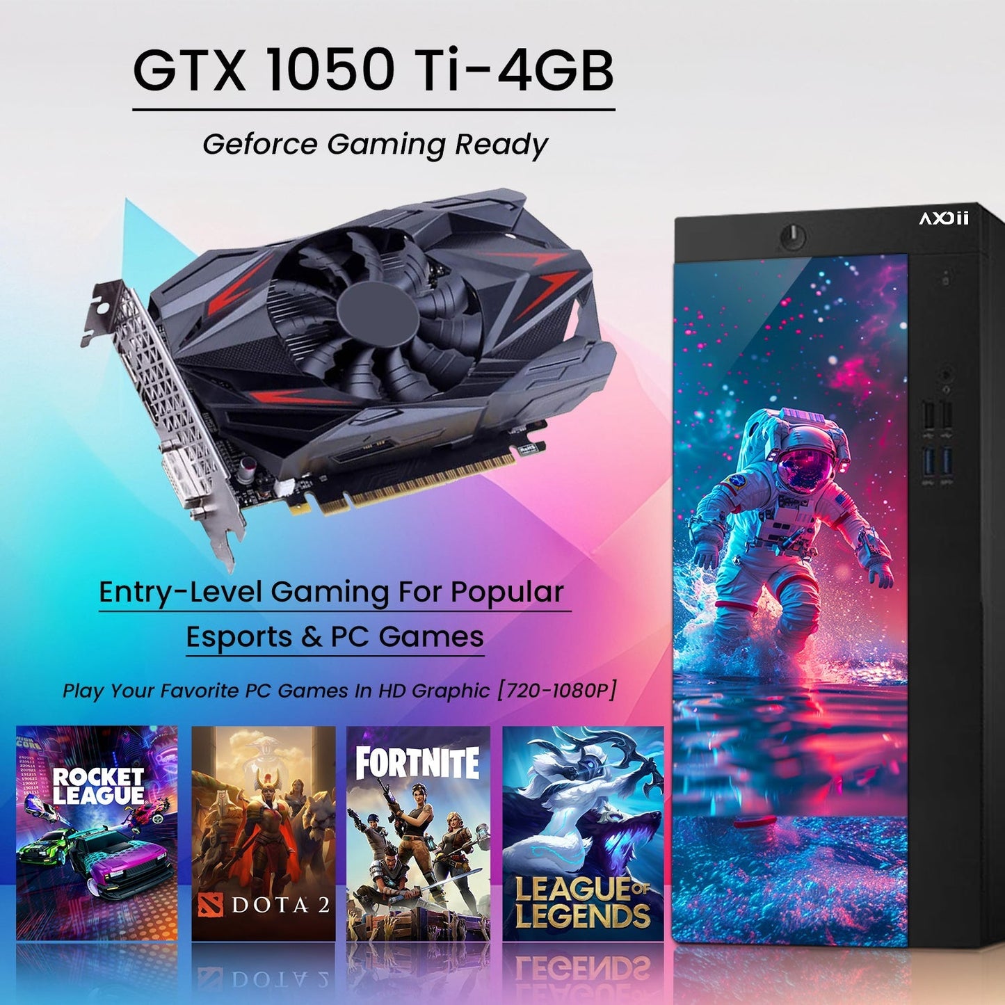 AXOII SPACEMAN RGB Gaming Desktop Computer PC, Intel Core I7  Processor, Graphics Card - RX 550 / GTX 1050 / GTX 1650 / RTX 3050, 32GB DDR4 RAM, 1TB SSD / NVMe SSD, Wi-Fi, Bluetooth - Windows10 Pro