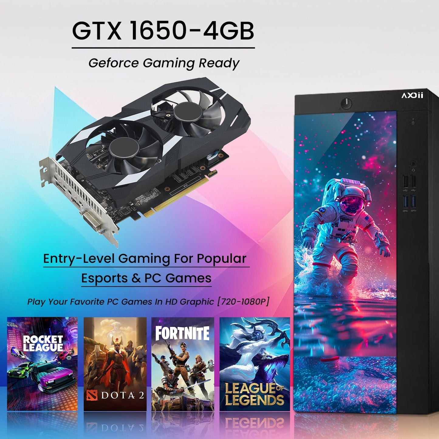 AXOII Spaceman Gaming PC, Intel Core i5/i7 Processor, Graphics Card - GTX 1050 / GTX 1650 / RTX 3050, 32GB DDR4 RAM, 1TB M.2 NVMe SSD, 24/27 Inch Gaming Monitor, Bluetooth - Windows 11 Pro