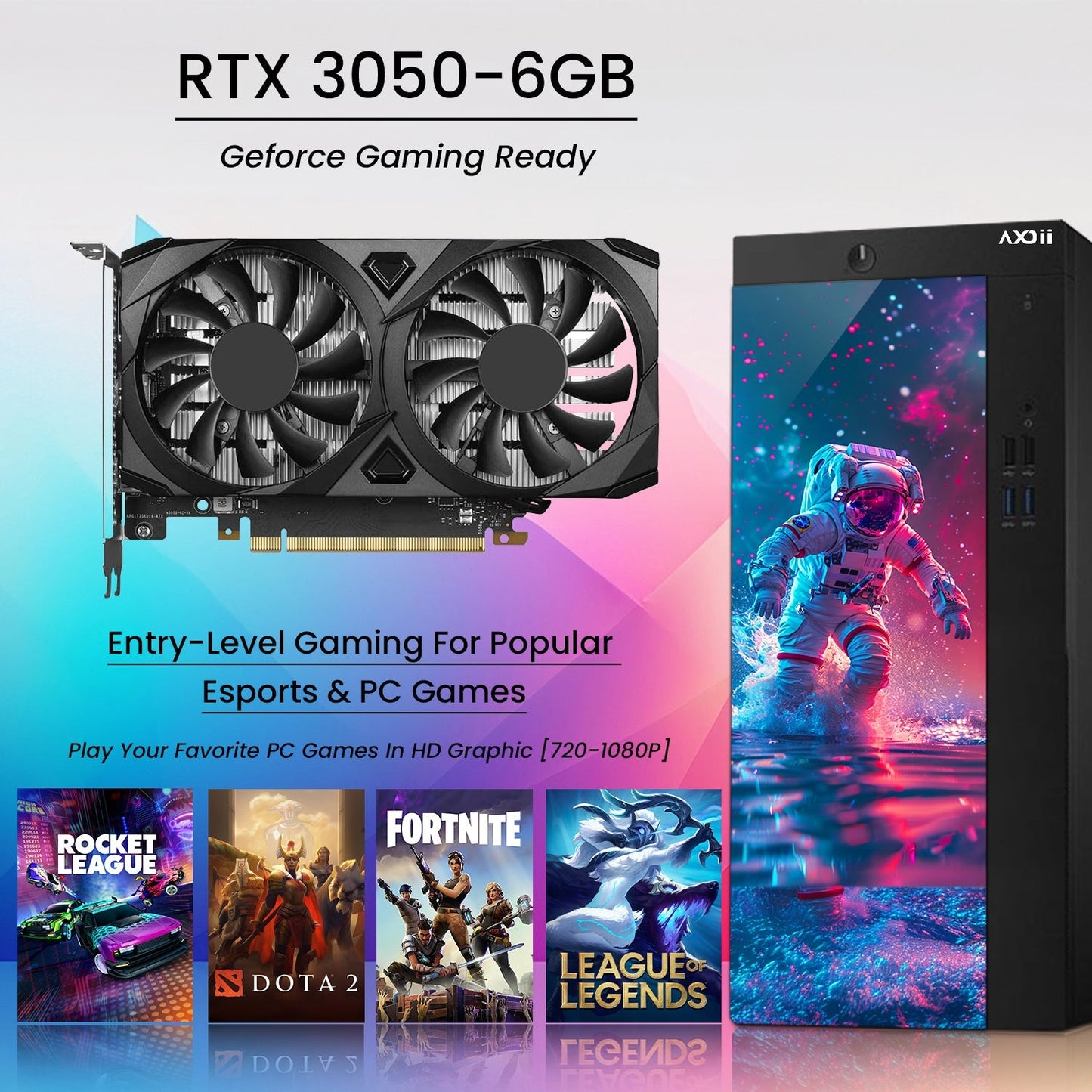 AXOII SPACEMAN RGB Gaming Desktop Computer PC, Intel Core I5/I7  Processor, Graphics Card - RX 550 / GTX 1050 / GTX 1650 / RTX 3050, 32GB DDR4 RAM, 1TB NVMe SSD, Wi-Fi, Bluetooth - Windows11 Pro