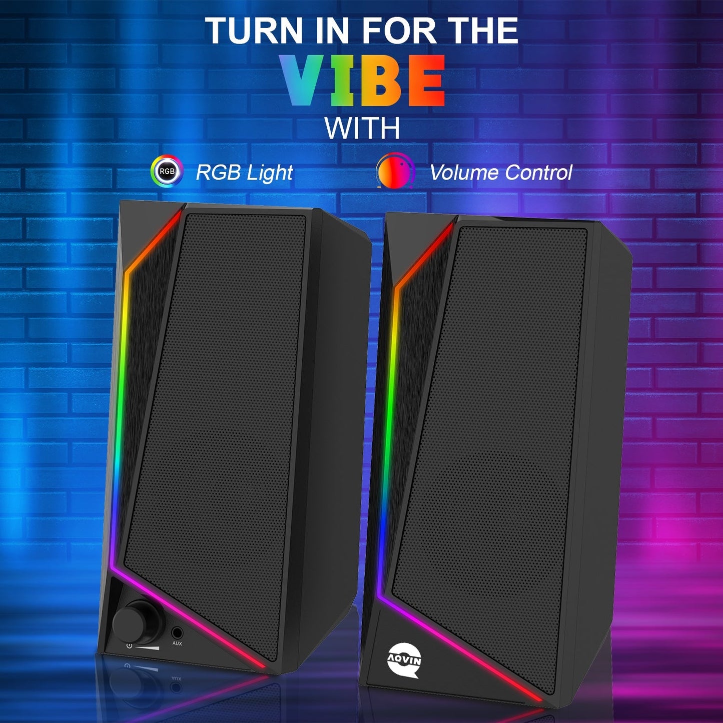 AQVIN (Q130) RGB Gaming Speakers - Wired and Bluetooth 5.0 Speakers For PC/Laptop/Monitor, 6 Colorful RGB Mode Gaming Speakers, Easy Access Volume Control