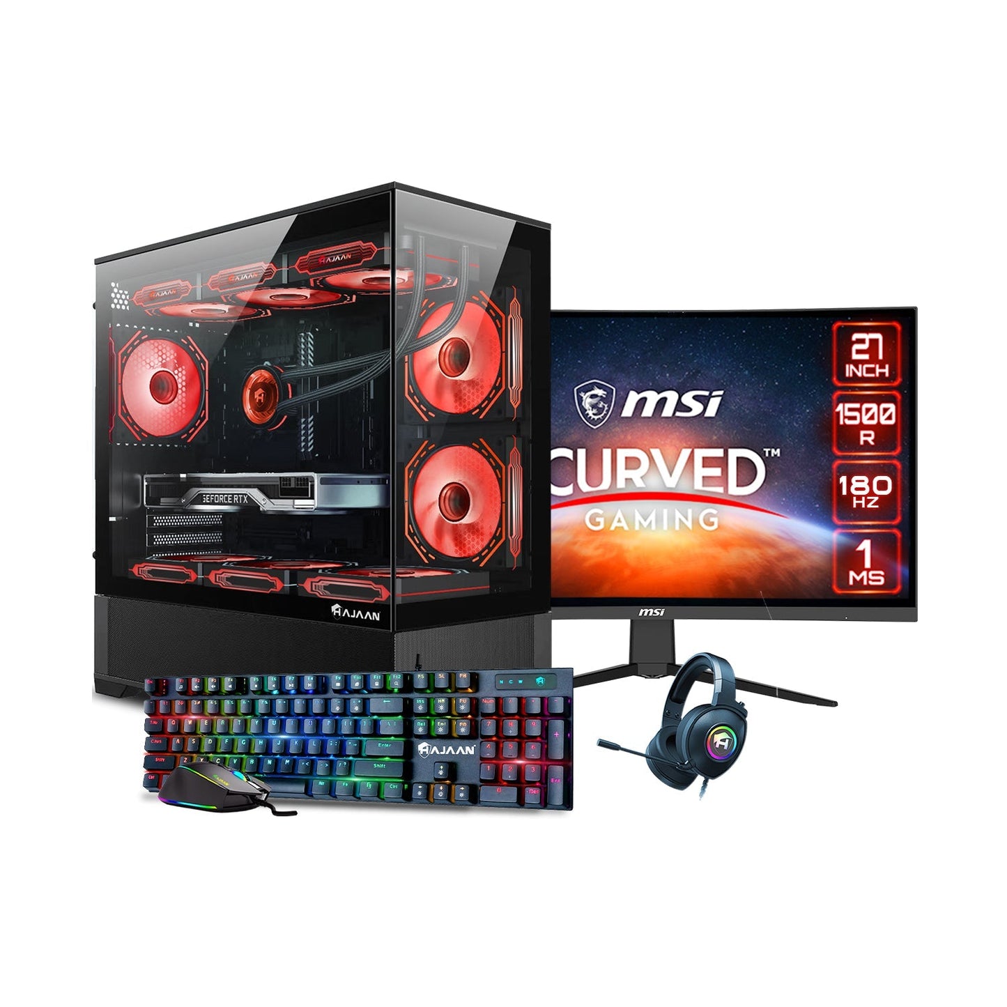 HAJAAN SuperX Liquid Cooled Gaming PC Tower Desktop - MSI 27-inch Curved Gaming Monitor Combo -  32GB DDR4 RAM - 1TB NVMe SSD - Wifi 6 - Bluetooth - Windows 11 Pro