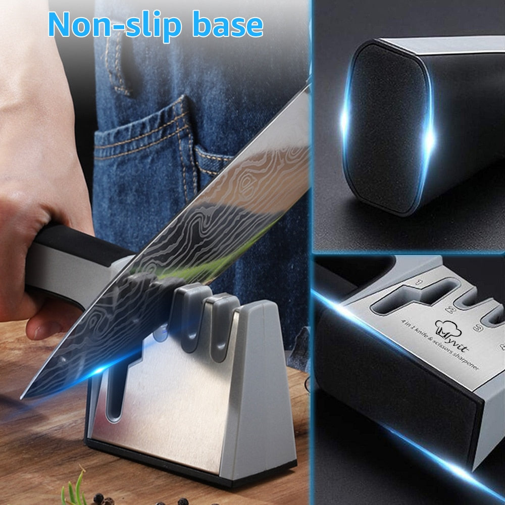 Knife Sharpener 4 in 1 Diamond Coated&amp;Fine Rod Knife Shears and Scissors Sharpening stone System Stainless Steel Blades