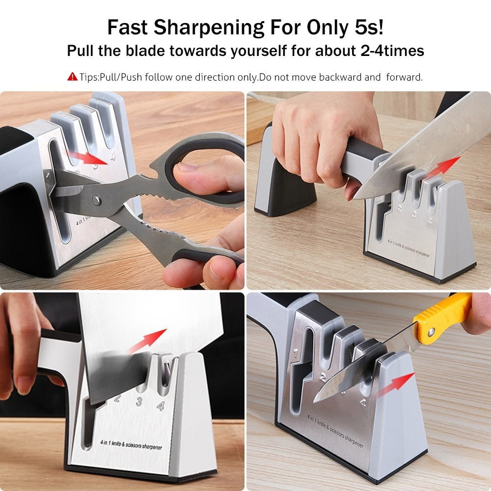 Knife Sharpener 4 in 1 Diamond Coated&amp;Fine Rod Knife Shears and Scissors Sharpening stone System Stainless Steel Blades