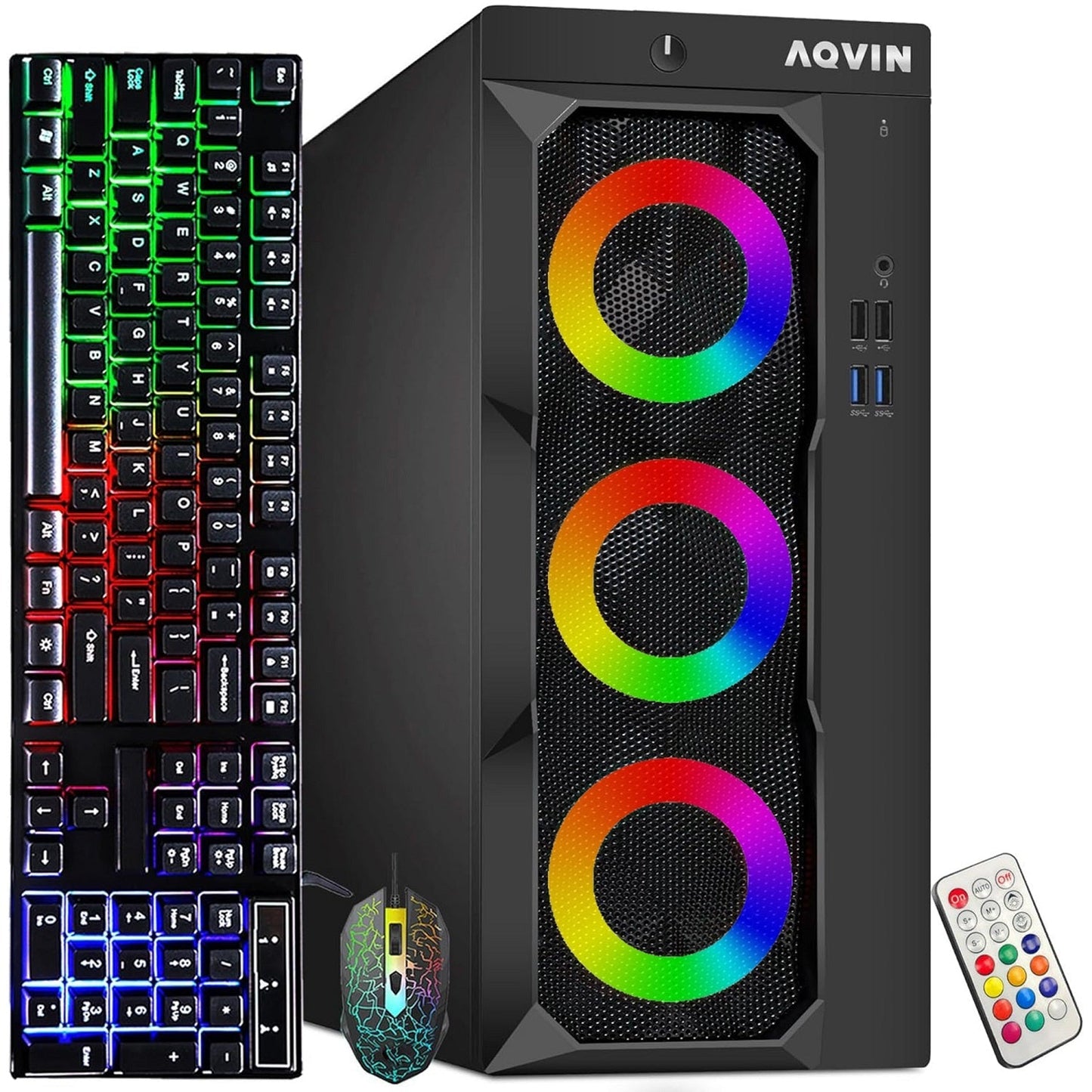 Gaming Desktop AQVIN Computer Tower PC, Intel Core i7 - 6th/ 7th CPU,  32GB DDR4 RAM, 1TB SSD Storage, RX 550/GTX1630/1050Ti/1650, Windows 10 Pro, RGB Keyboard and Mouse - Refurbished