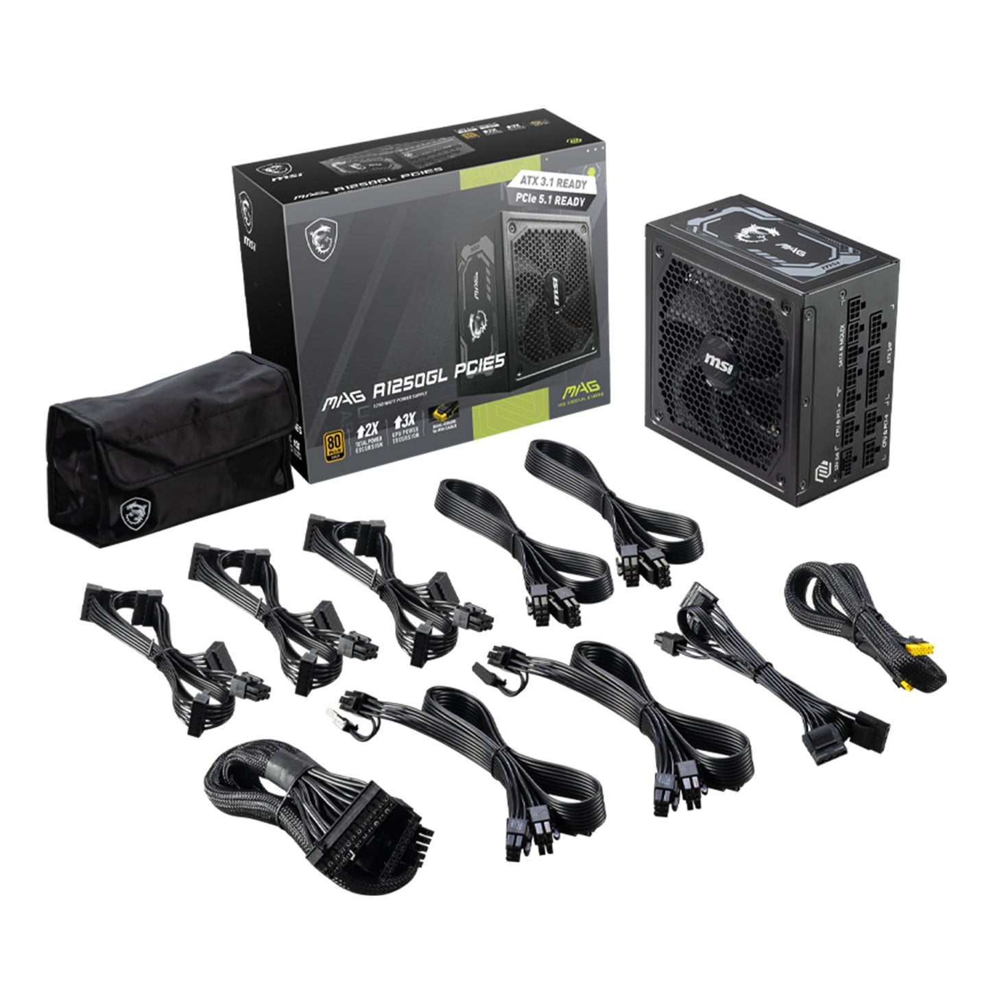 MSI 1250W Power Supply 80+Gold Fully Modular -  Fluid Dynamic Bearing With PCle Gen 5.1 Ready (MAG A1250GL PCIE5)