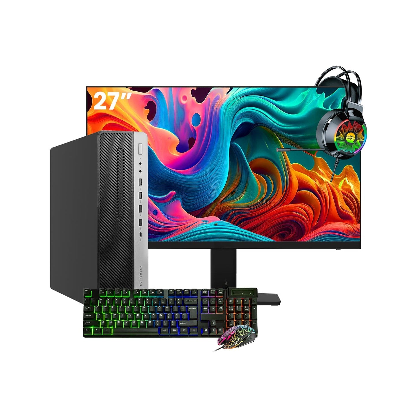 HP EliteDesk 800 G4  SFF Desktop PC - Intel Core i5 - 8th Gen Up to 4.10 GHz Processor, 16GB DDR4 RAM, 512GB - 1TB SSD, Windows 11Pro, New 24/27 inch FHD Monitor, RGB Speaker / SoundBar / Headset - Refurbished