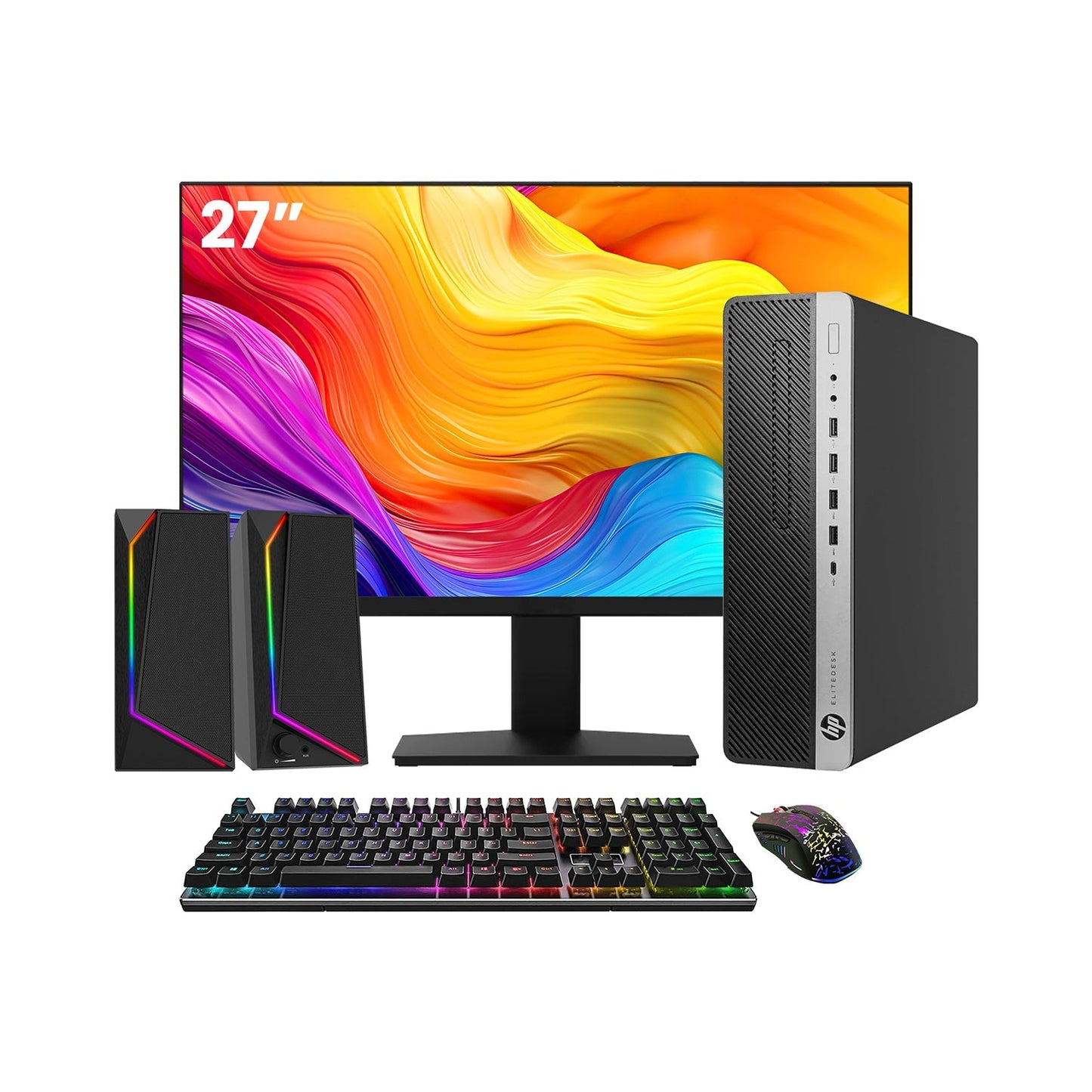 HP EliteDesk 800 G4  SFF Desktop PC - Intel Core i5 - 8th Gen Up to 4.10 GHz Processor, 16GB DDR4 RAM, 512GB - 1TB SSD, Windows 11Pro, New 24/27 inch FHD Monitor, RGB Speaker / SoundBar / Headset - Refurbished