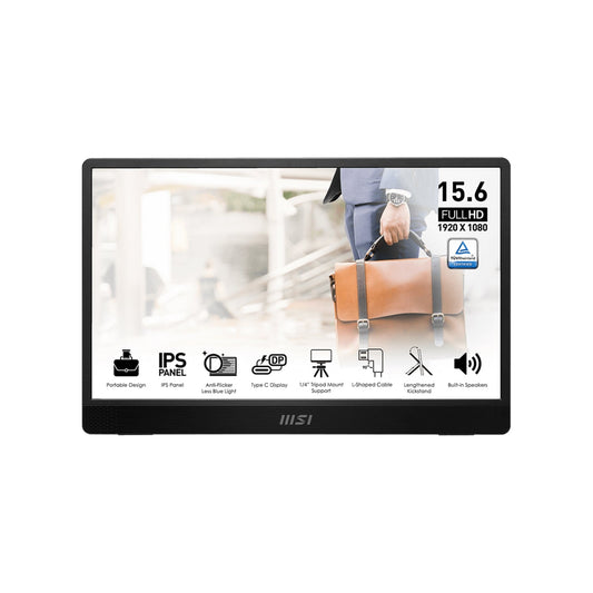 MSI PRO MP161 E2 Portable Monitor - 15.6 Inch FHD IPS Panel, 60 Hz Refresh Rate, Anti-Flicker Less Blue Light With Tripod Mount Support , Built -in Speakers & Mini HDMI / 2x Type C Port