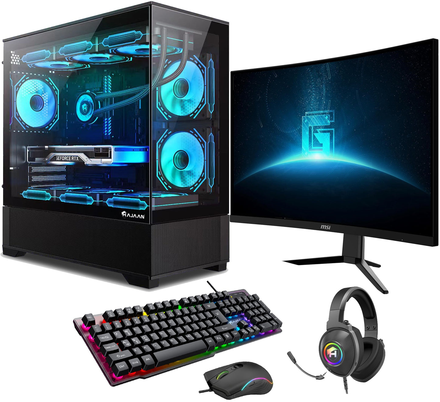 HAJAAN SuperX Liquid Cooled Gaming PC Tower Desktop - MSI 27-inch Curved Gaming Monitor Combo -  64GB DDR4 RAM - 2TB NVMe SSD - Wifi 6 - Bluetooth - Windows 11 Pro
