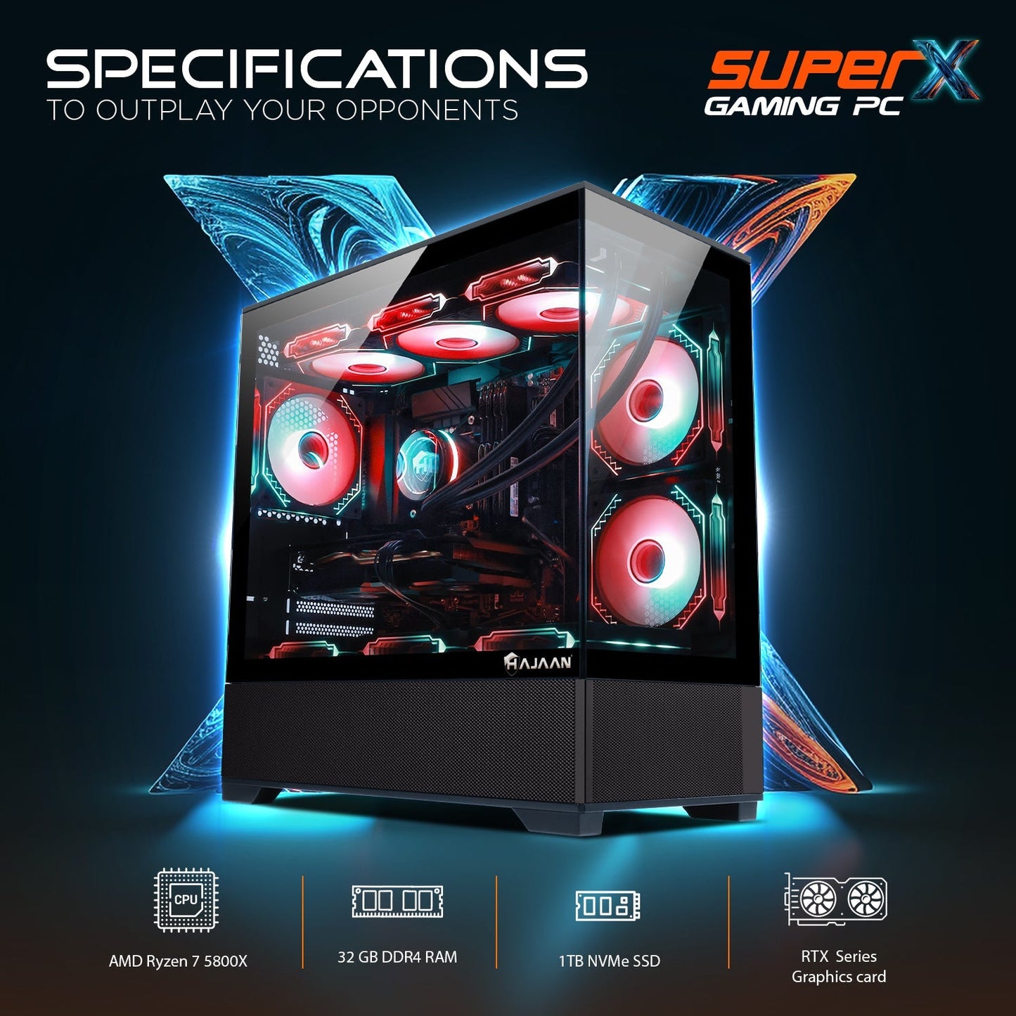 HAJAAN SuperX Windows 11 Pro Gaming PC | Liquid Cooled | GeForce RTX Series Graphics | AMD Ryzen 7 5800X | 32GB DDR4 | 1TB NVMe SSD | WiFi | Bluetooth | Mechanical Keyboard Mouse