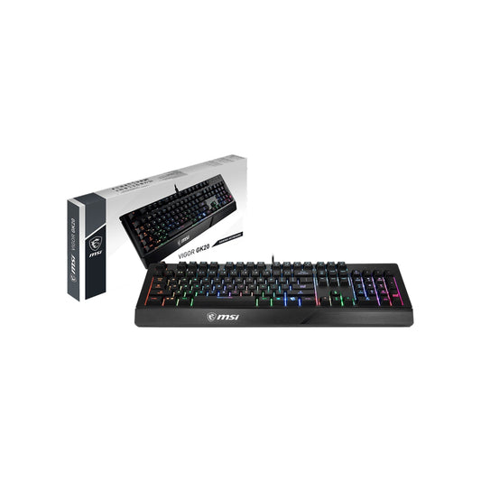 MSI VIGOR GK20 RGB Backlit Gaming Keyboard - Ergonomic Designed Keycaps, USB 2.0 Anti Ghosting With Hotkey Control, Water repellent - Black