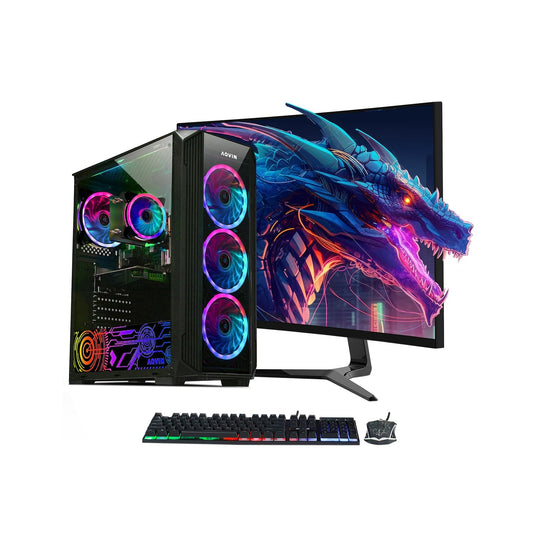 AQVIN Z-Force Gaming Desktop Tower PC/ 24 and 27 inch Curved Screen/ Intel Core i7 up to 4.60 GHz Processor/ RX 580, GTX 1660s, RTX 3050, 3060,4060/ 32GB DDR4 RAM/ 1TB - 2TB SSD/ WIFI/ Windows 11 Pro